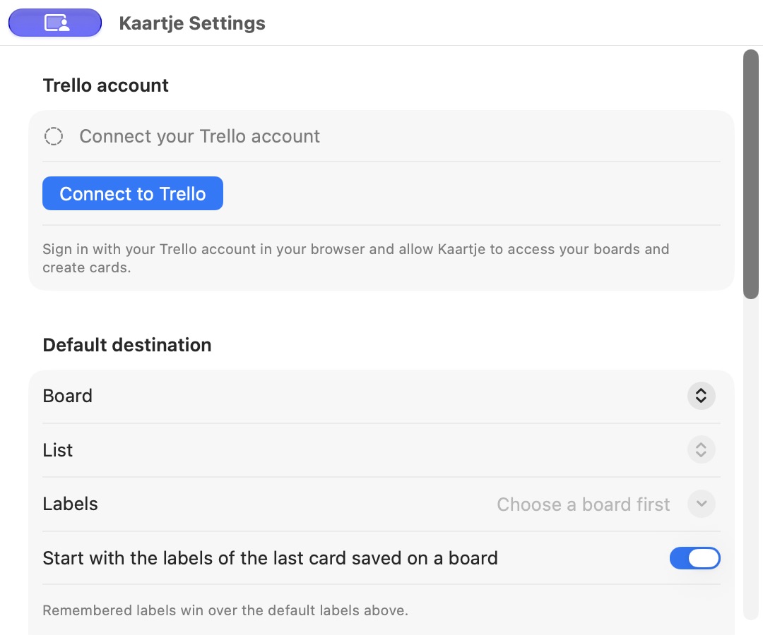Kaartje Settings with the Connect to Trello button